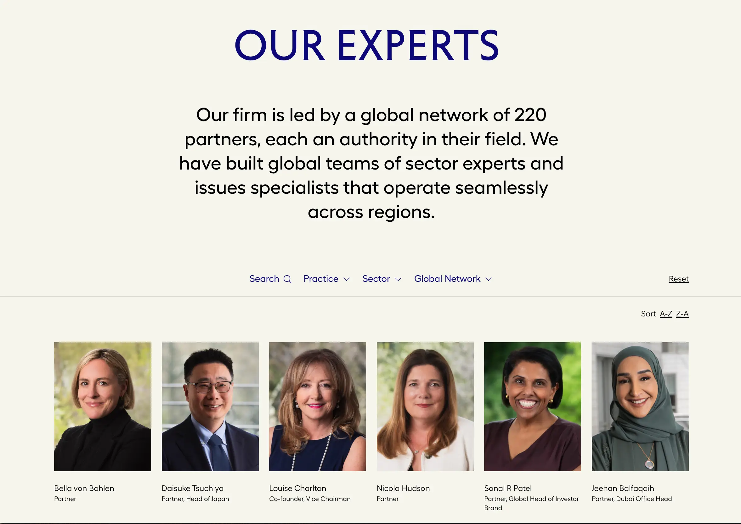 Our experts landing page view: featuring the following text and a row of expert headshots in various offices around the globe. Our firm is led by a global network of 220 partners, each an authority in their field. We have built global teams of sector experts and issues specialists that operate seamlessly across regions.