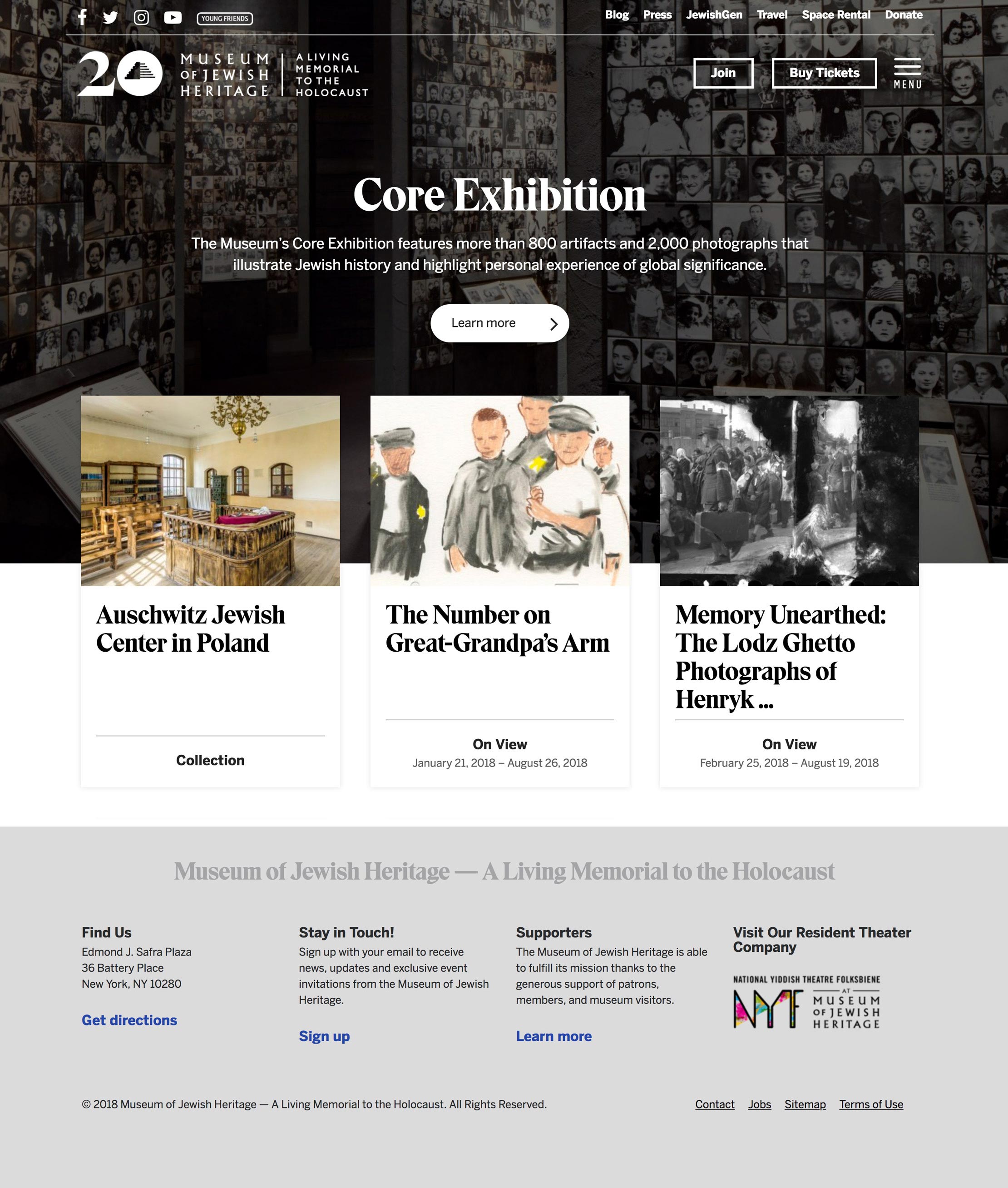 Museum of Jewish Heritage Core Exhibition page with exhibition cards and footer content.