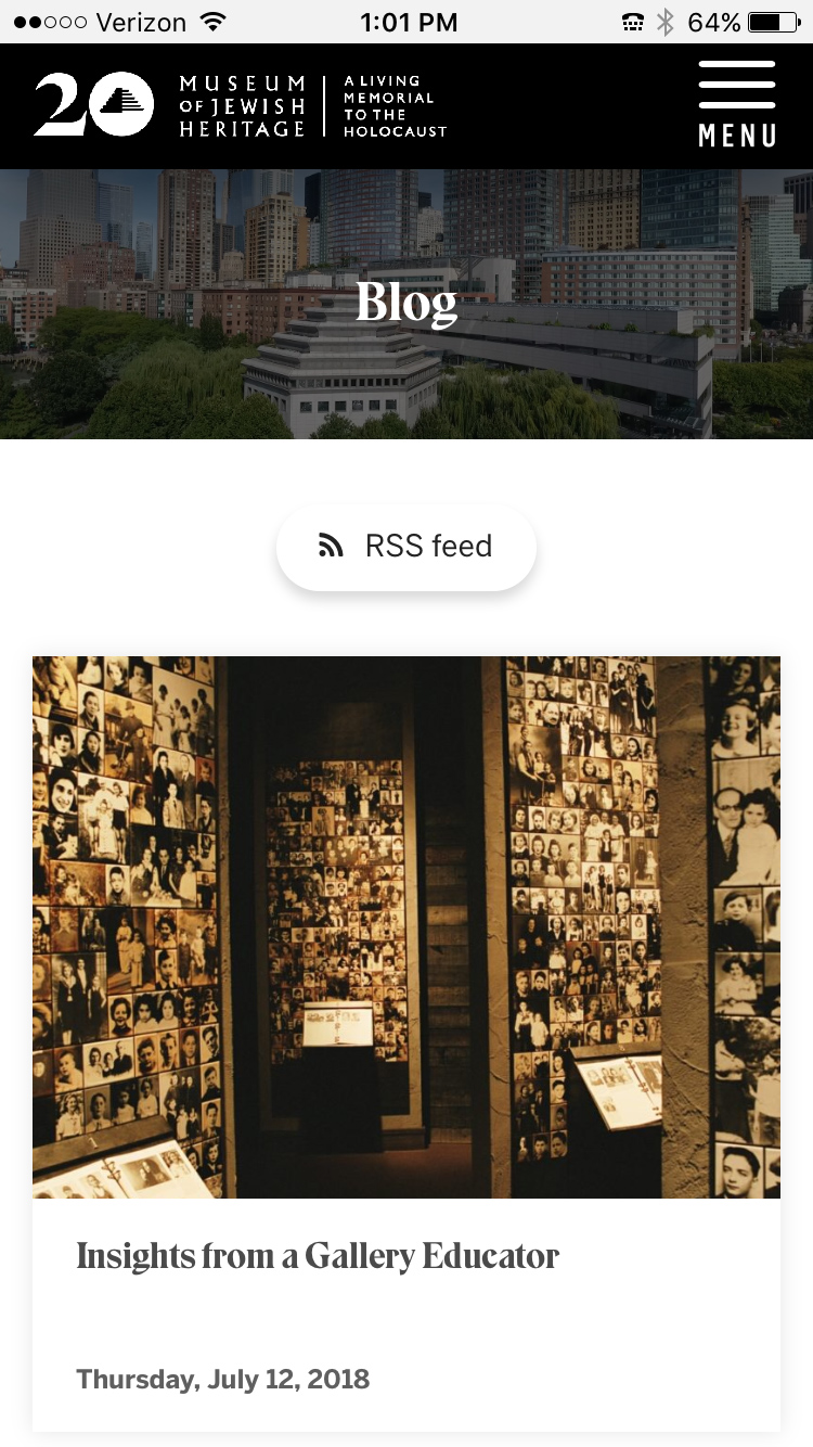 Mobile view of the Museum of Jewish Heritage Blog page with an RSS feed button and Insights from a Gallery Educator post.