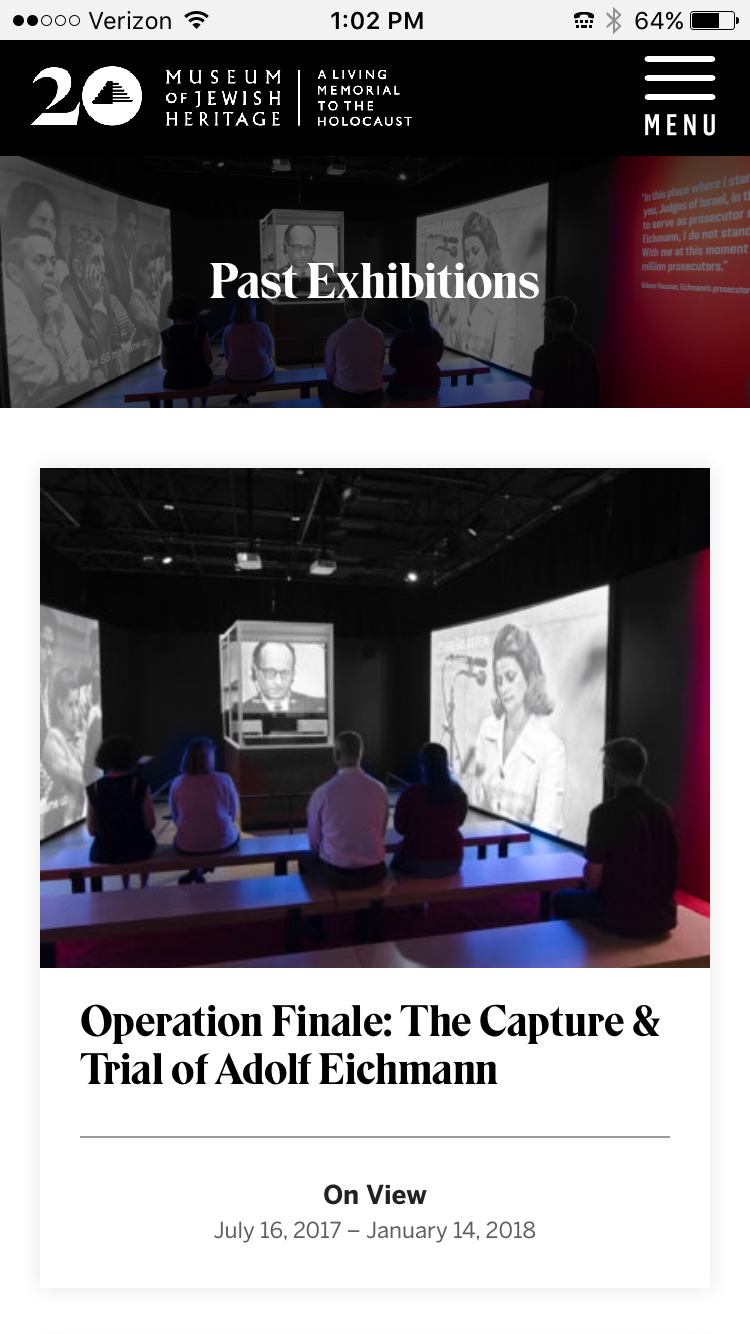Mobile view of the Museum of Jewish Heritage Past Exhibitions page showing Operation Finale: The Capture & Trial of Adolf Eichmann.