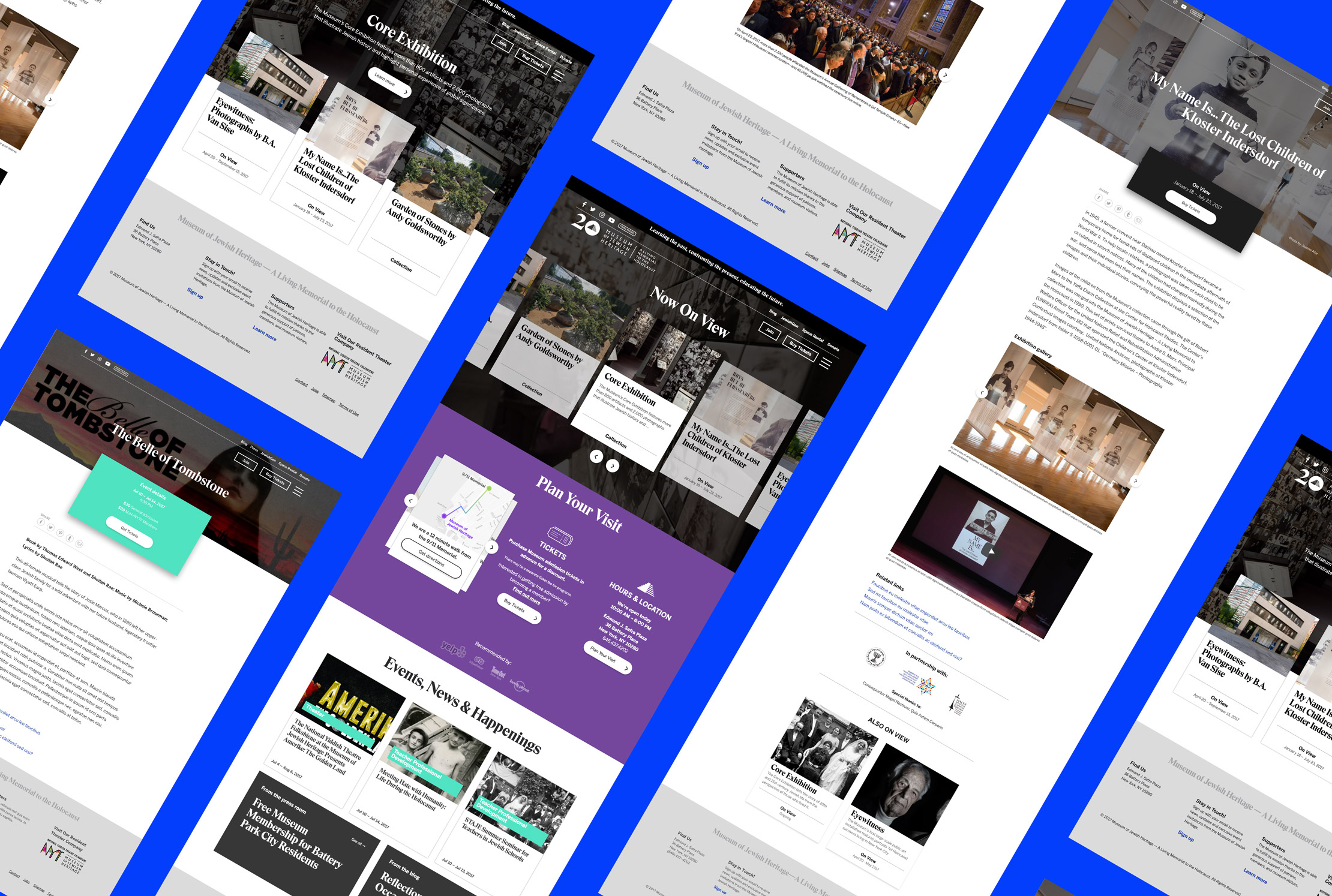Angled collage of Museum of Jewish Heritage website screens including exhibitions, event details, homepage, and article pages.