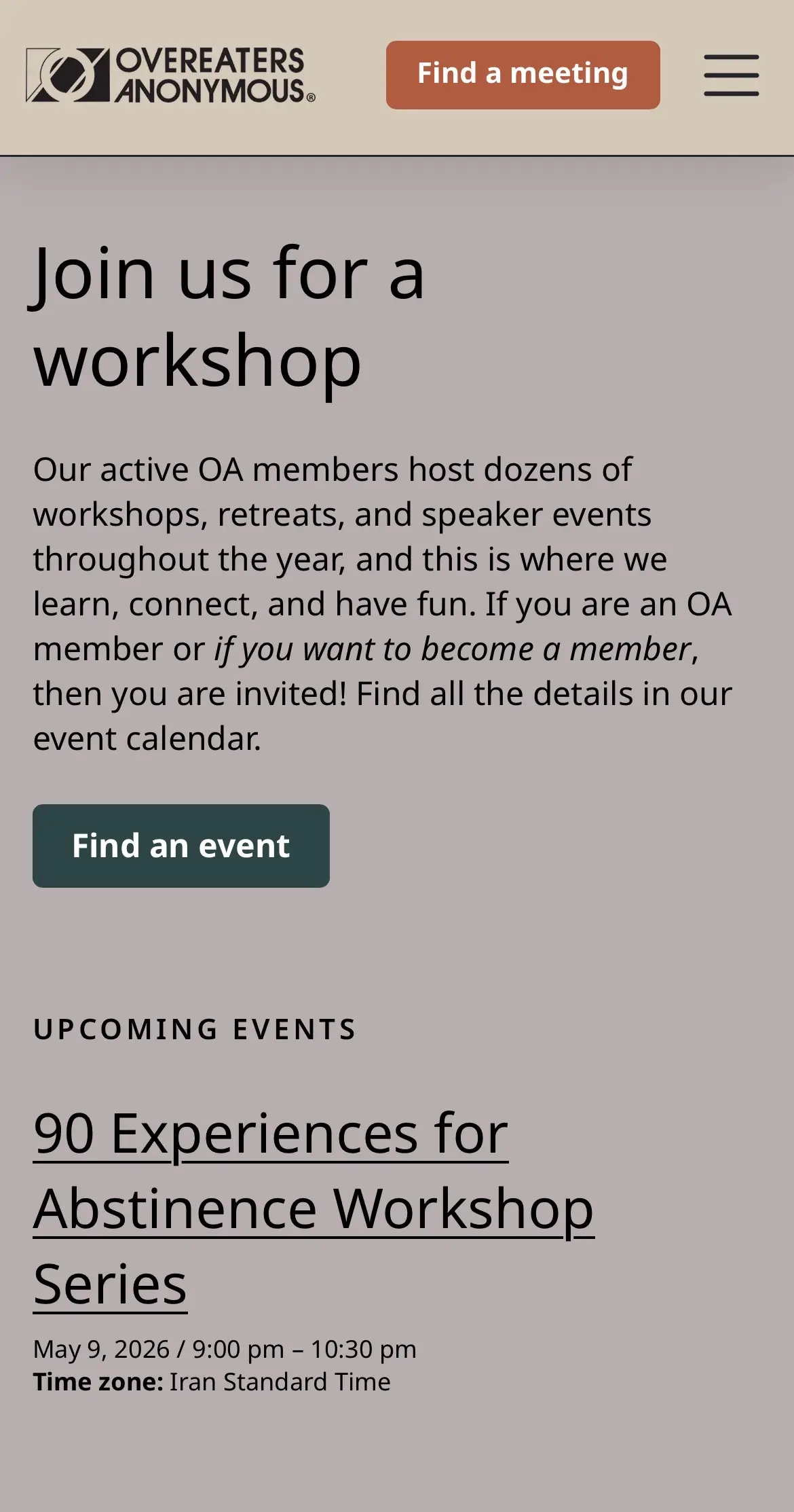 OA event page in mobile frame