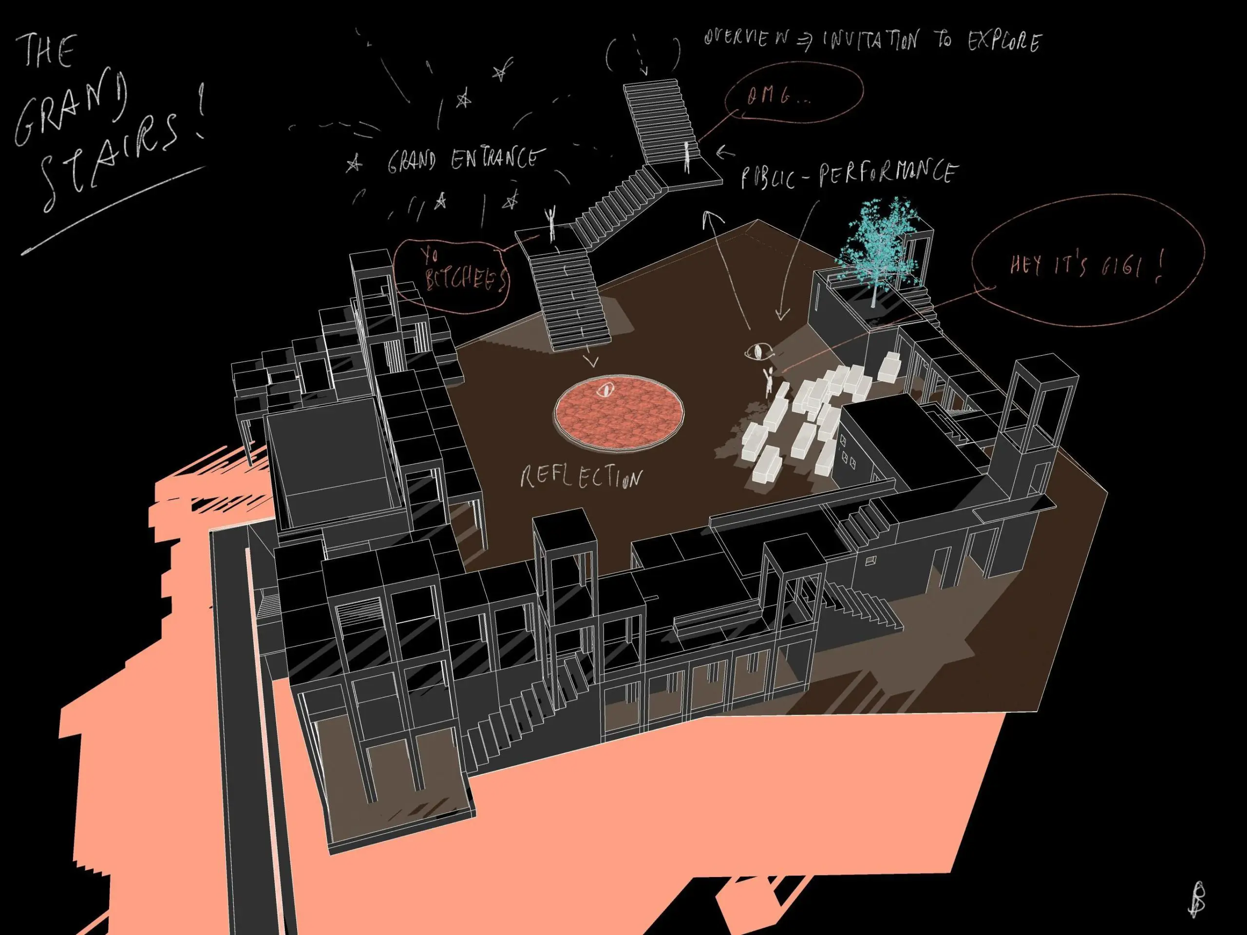 Work in progress sketch of the quills fest vr world by architect and artist Paolo Barlascini