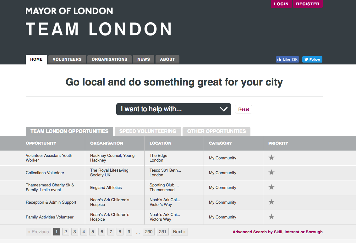 Team London website homepage featuring the I Want To Help With... dropdown and a slogan that reads Go local and do something great for your city