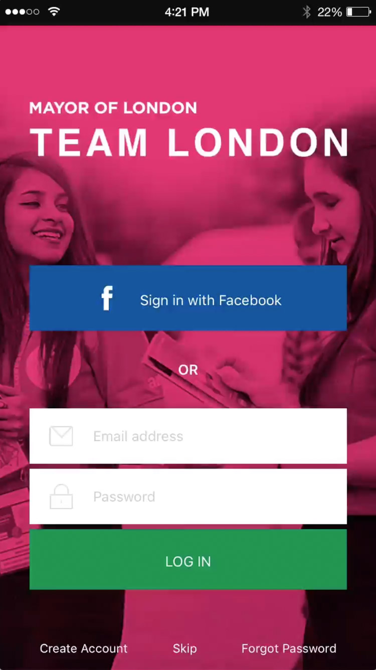 Team London iOS App login screen