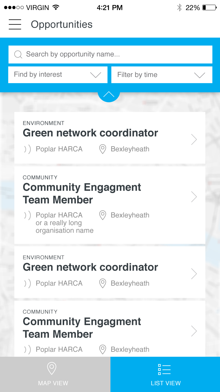 Team London iOS App opportunity results list view