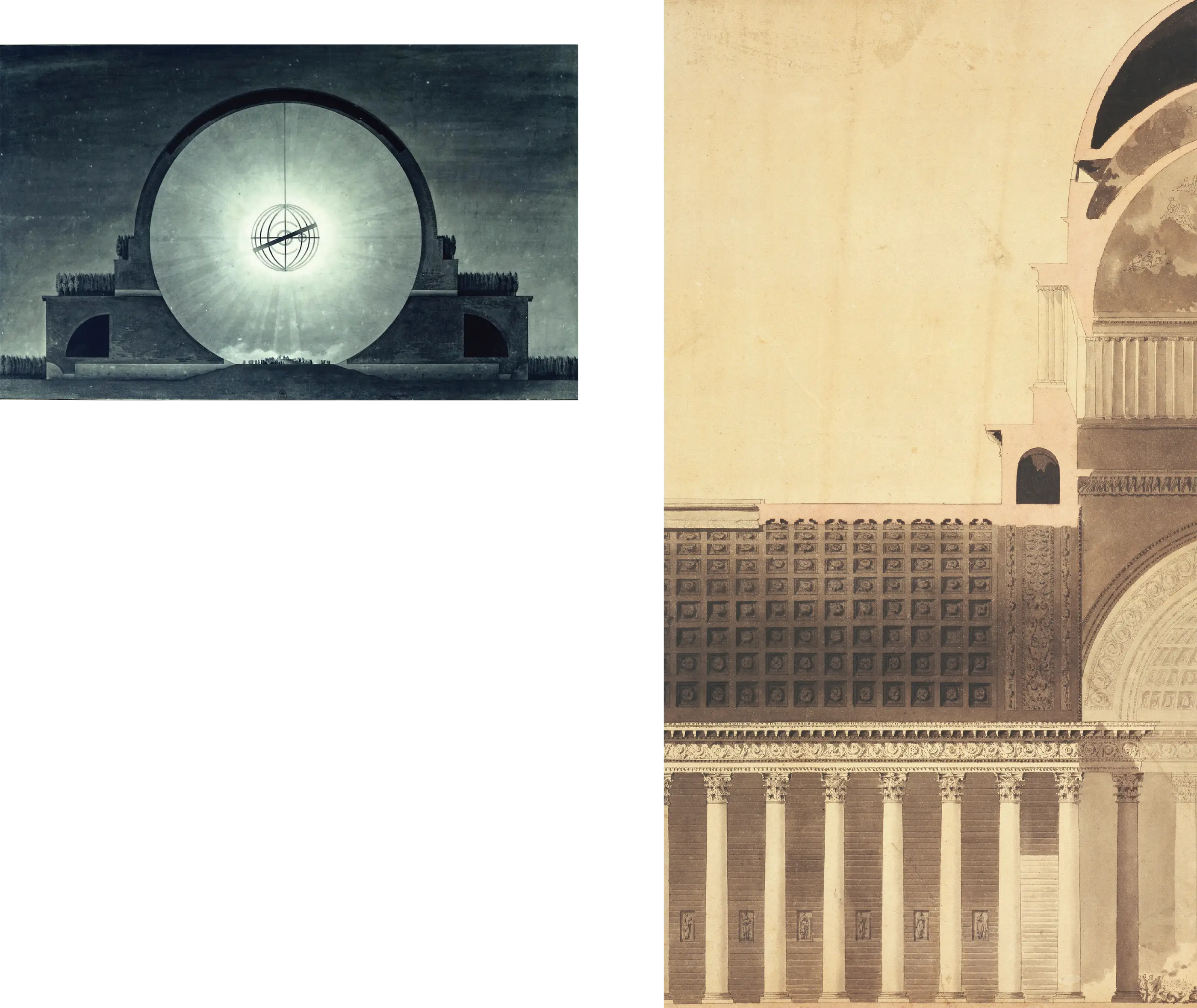 Two architectural drawings attributed to Étienne-Louis Boullée show a monumental neoclassical design for the Church of the Madeleine, dominated by abstract geometric forms. On the left, a dark elevation features a glowing central sphere set within a massive arch, with a small armillary sphere-like element at its center. On the right, a pale section drawing reveals a vast domed and colonnaded interior, emphasizing the project’s immense scale and its fusion of classical architecture with visionary geometric abstraction.